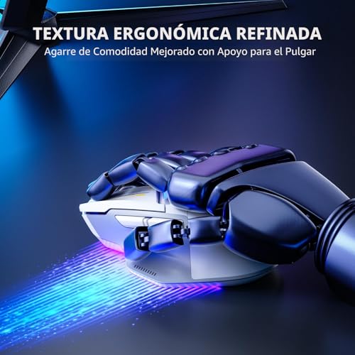 Miniatura 8 de Inphic Ratón Inalámbrico Gaming, Verdadero Tri-Mode 2,4g Wireless Con Cable Type-C Bluetooth, 10k Dpi, Totalmente Programable, Iluminación Rgb, Ratón Inalámbrico Recargable Para Pc Portátil, Gris