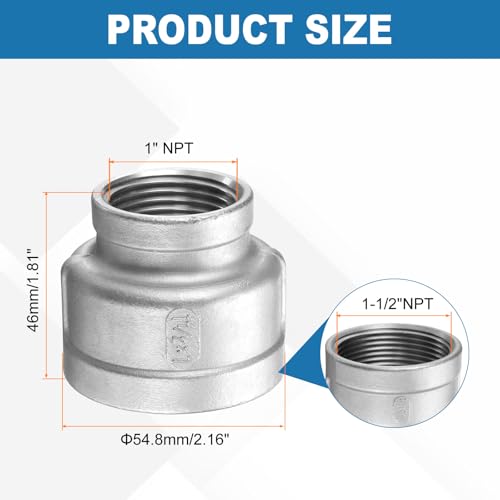 HARFINGTON Reducing Coupling 1-1/2"x1" NPT Female 304 Stainless Steel by HARFINGTON - Used condition - Image 2