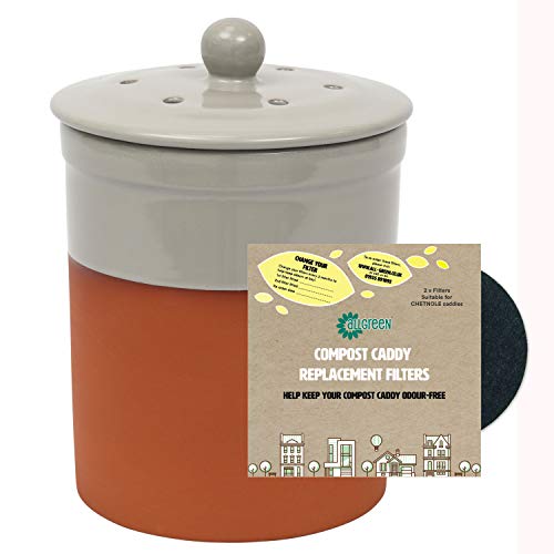 Terracotta Ceramic Kitchen Compost Caddy (Pale Grey) - Chetnole Ceramic Food Waste Bin & 1 Filter Pack