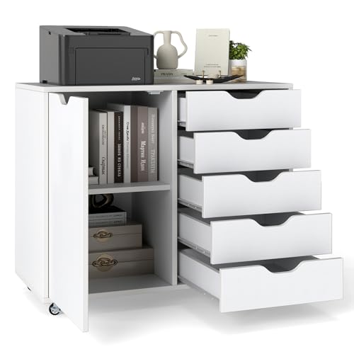 KOMFOTTEU Archivador Móvil con 5 Cajones y Puertas, Armario de Almacenamiento con 5 Ruedas, Cajonera de Madera, Mueble Auxiliar para Oficina, Soporte para Impresora, 79 x 39 x 65 cm, Blanco