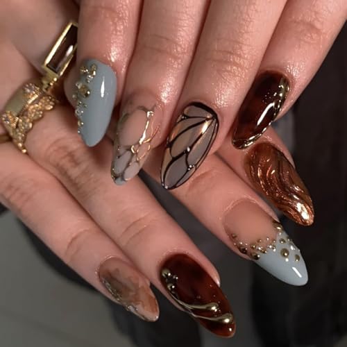 Image of 24 Pcs Fall Press on Nails Brown Fake Nails Gold Line with Design Glossy Full Cover Glue on Nail Brown Ombre Nail Press ons for Women Girls Manicure 24Pcs