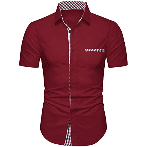 NeedBo Mens Short Sleeve Dress Shirts Slim-Fit Contrast Casual Button Down Shirts Wine Red Plaid XL