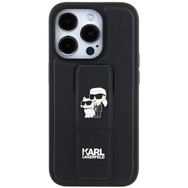 Karl Lagerfeld KLHCN61GSAKCPK Coque pour iPhone 11 / XR 6,1" Noir Coque Rigide Grip Stand Saffiano Karl&Choupette Pins
