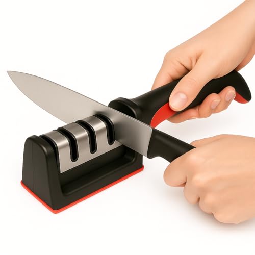 Amolador e Afiador de Facas Profissional 3 em 1 – Aço Durável, Cabo Ergonômico, Base Antiderrapante e Corte Preciso - Qualidade Premium