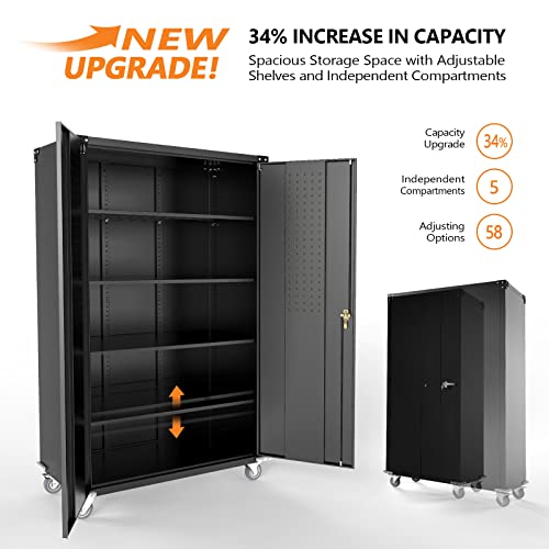Vingli 72" H Upgraded Tall & Wide Black Metal Storage Cabinet With Pegboards In Doors And 4 Adjustable Shelves, Garage Cabinet And Storage System With Wheels, Locking Cabinet For Home Office, Basement #TOP3