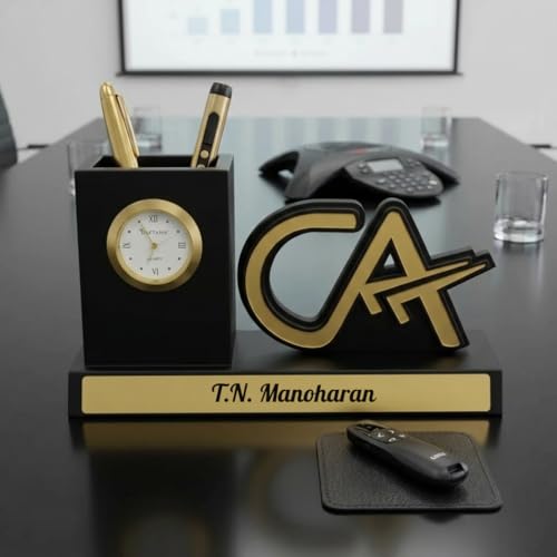 Image of Giftana Personalized CA Pen Stand with Name & Clock, Wooden Desk Organizer with Chartered Accountant Emblem, Customized Pencil Holder for Office Desk, Unique Gift for CA, Birthday & Professional Gift