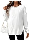MakeMeChic Women's Maternity Tee Shirt Long Sleeve Round Neck Split Hem Rib Knitted Pregnancy Tops White Large
