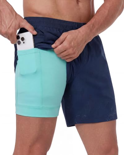 MaaMgic Pantalones cortos de correr 2 en 1 para hombre, con bolsillo para el móvil, secado rápido, pantalones cortos para correr de 5 pulgadas, con pantalones interiores, elásticos, para correr
