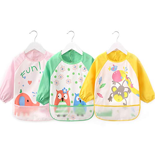Oral-Q Bebé Babero,Unisex 3Pcs Baberos de Mangas Larga Impermeable, Niños Artes Artesanales Pintura Delantal, Ropa de alimentación para bebés de 6 meses a 3 años