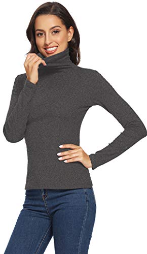 VIIOO Women's Long Sleeve Turtleneck Thermal T-Shirts Fitted Pullover Base Layer Cotton Tops(Dark Gray/Turtleneck,XL)
