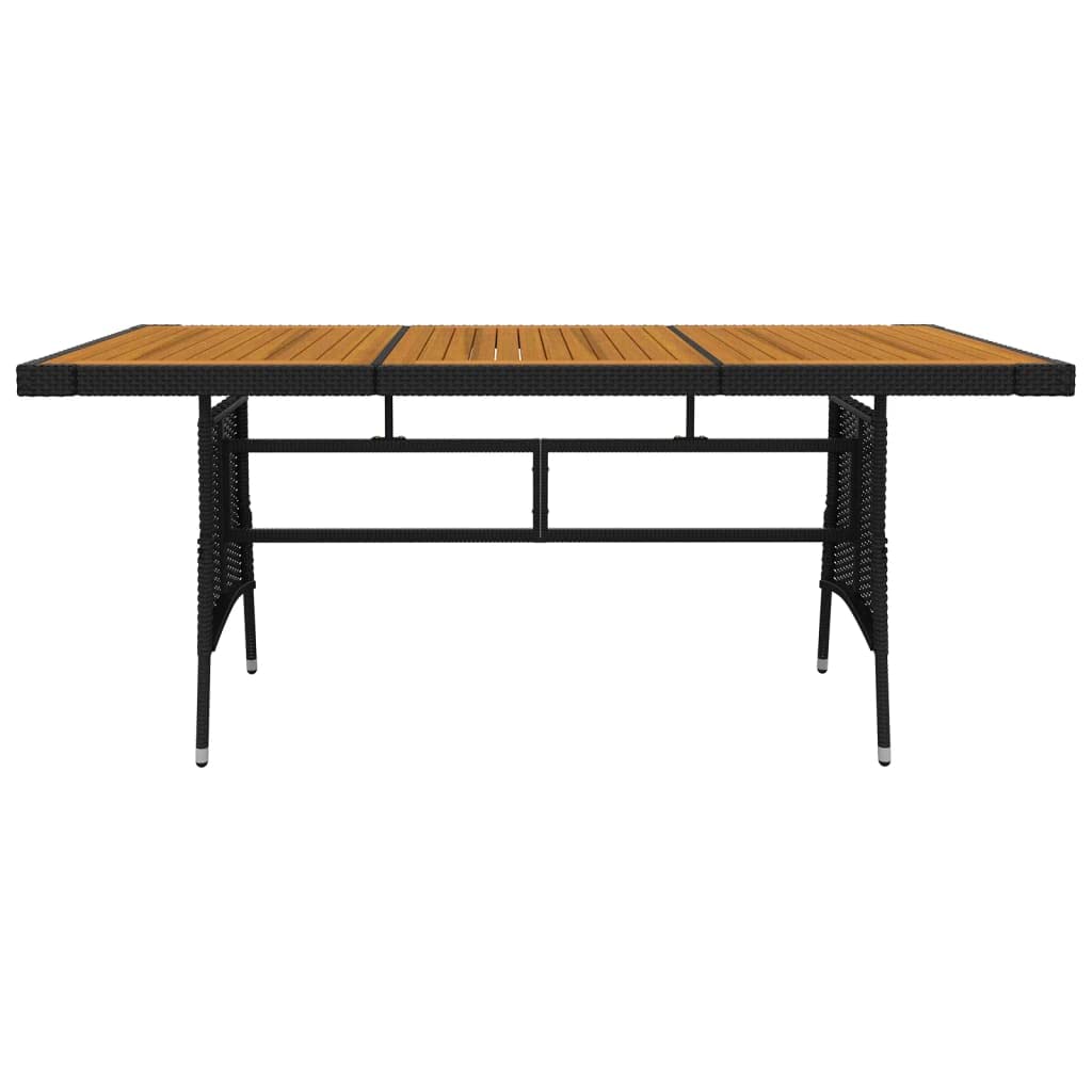 Juego de comedor de jardín con marco de acero y tablero de madera de acacia, juego de comedor para exteriores de ratán sintético con sillas ergonómicas de jardín en color negro