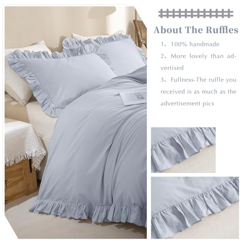 Image of QSH Ruffle Duvet Cover Queen Size Washed Cotton,3pc Linen Feel Farmhouse Shabby Vintage Ruffled Bedding Set French Country Rustic Cornflower Blue Comforter Cover Aesthetic Soft Quilt Cover Set