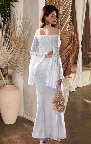 Image of Cercis Womens Off The Shoulder Floral Lace Maxi Wedding Dress Boho Flowy Wedding Guest Formal Long Dresses