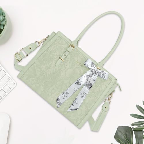 Image of MOSISO Laptop Bag for Women, PU Leather Tote Bag, Front Embossed Retro Hibiscus Computer Bags with Silk Scarf&Clutch Purse