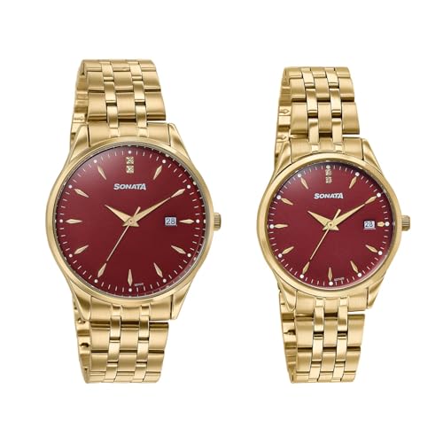Image of Sonata Jashn with Quartz Analog Red Dial Gold Strap Men and Women (Pair) Wedding Watch - 7721087125YM03