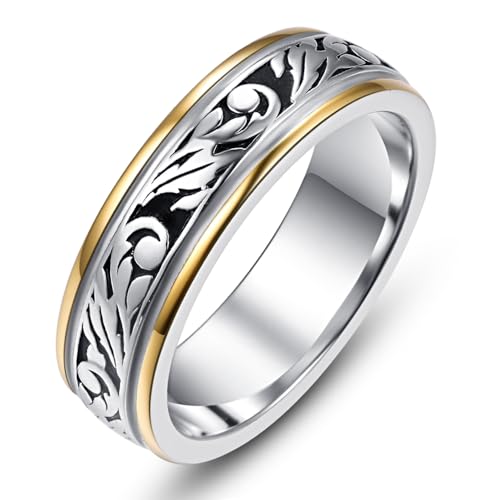 Silver Wedding Band Ring for Men Women Unisex Vintage Floral Vine, Silver Gold Two Tone, Size 6-12