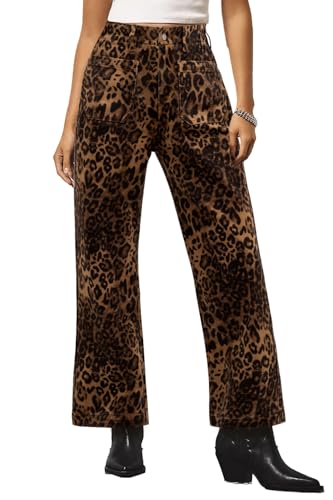 Kedera Women's Leopard Printed Straight Jeans Front Pocket Straight Jeans Casual Boyfriend Ankle Denim Pants