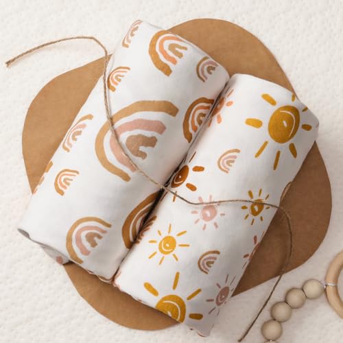 Image of Babebay 2-Pack Mini Crib Sheets, Pack and Play Sheets Fitted for Pack N Play Mattress and Playard, Soft Jersey Knit Cotton for Baby (Boho Rainbow)