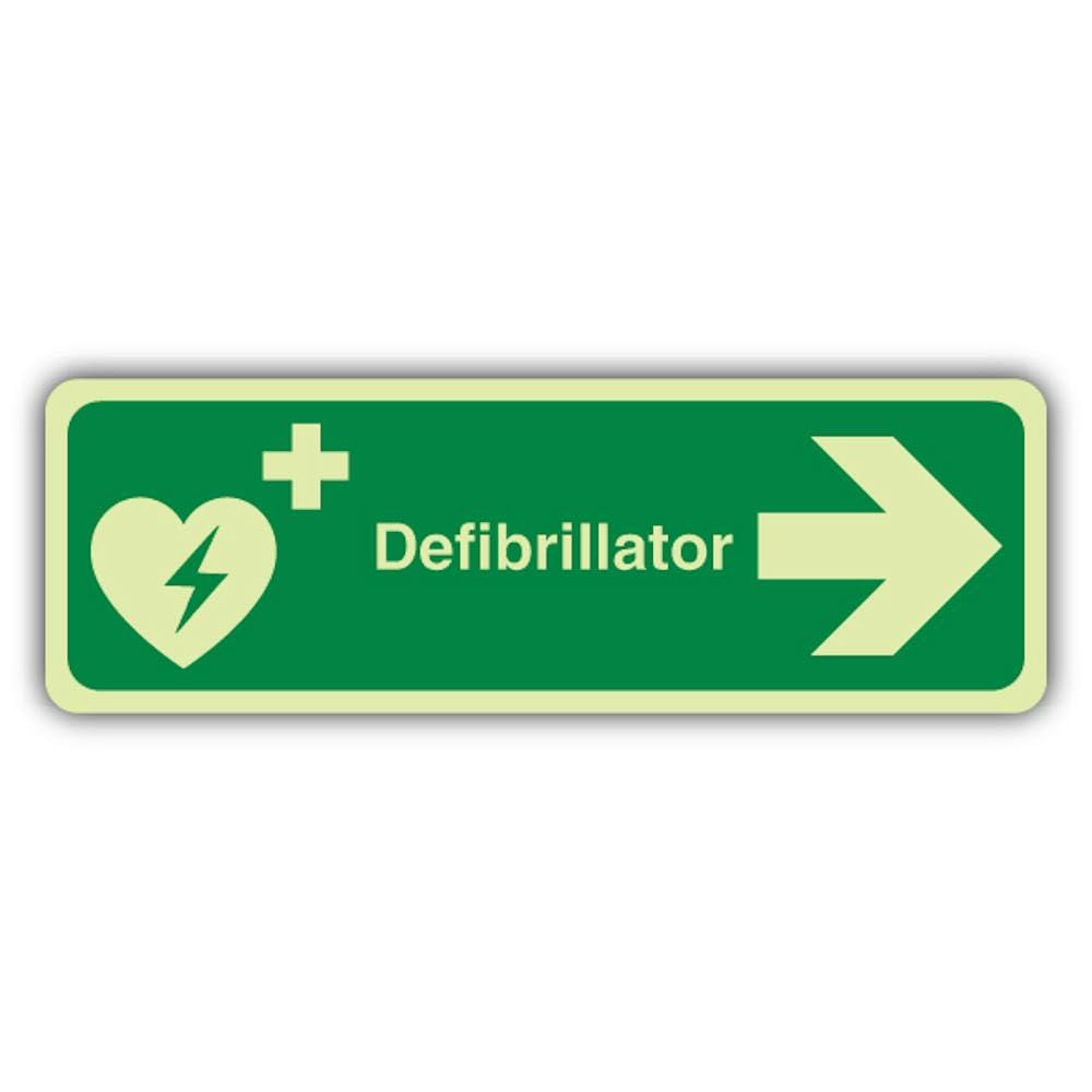 V Safety Photoluminescent Defibrillator Arrow Right - Slim Landscape Safety Sign - 300 x 100 mm - 1.2mm Rigid Plastic - Double Glow