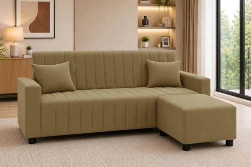 Image of Rosebell Three Seater Sofa with Ottoman | Living Room Couch | with Cushions | Sofa for Home, Apartment & Office-Golden