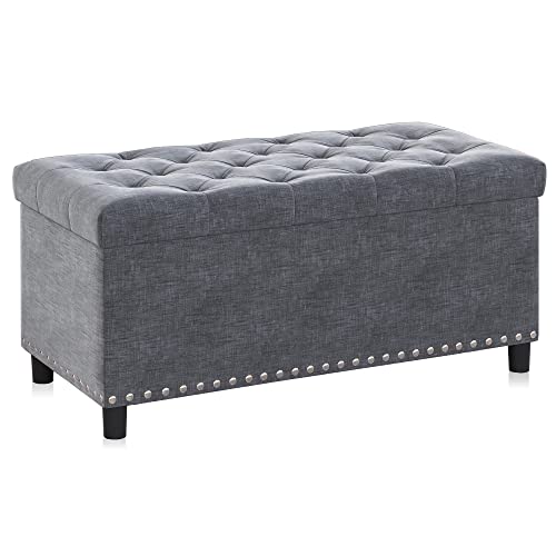 Image of BELLEZE Storage Ottoman, Tufted Ottoman with Close Hinge, Foot Rest for Living Room (Gray, 31 inch)