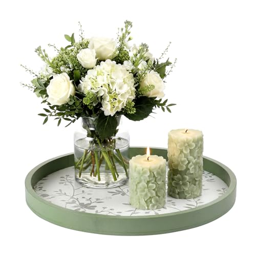Novabright Sage Green Wooden Serving Tray, 11.8 Inch Round Boho Cottagecore Tray for Coffee Table, Decorative Farmhouse Plate for Fruit, Bread, Tea, Dining Room & Entryway, Vanity