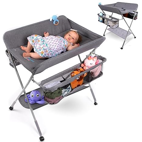 Deoxys Baby Changing Table with Wheels, Portable Adjustable Height Folding Diaper Station with Nursery Organizer & Storage Rack for Newborn Baby and Infant-image-39