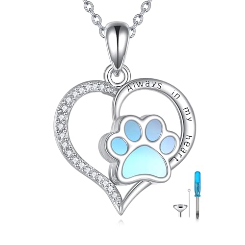 VONALA Collar de urna para mujer, plata de ley 925 con diseño de huellas de patas, joyería de cremación con cadena ajustable, colgante de corazón y kit de relleno de embudo, regalo conmemorativo