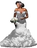 Off Shoulder Wedding Dress with Train Glitter Crystals Beading Mermaid Wedding Gown Luxury Rhinestone Dress for Bride White-a