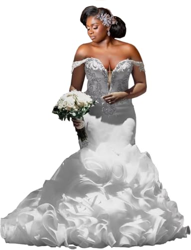 Off Shoulder Wedding Dress with Train Glitter Crystals Beading Mermaid Wedding Gown Luxury Rhinestone Dress for Bride White-a