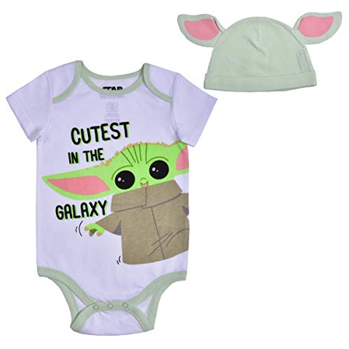 Image of STAR WARS The Mandalorian Baby Yoda Boys’ Short Sleeve Bodysuit and Cap Set for Newborn and Infant – White/Green