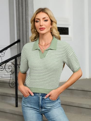 Womens Striped Cropped Sweater Short Puff Sleeve Fall Sweaters V Neck Tops Knit Casual Pullover Shirts Outfits3