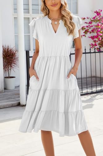 Image of Womens Summer Dress Ruffle Sleeve V Neck Midi Dresses Casual Fit Flowy Tiered Boho Beach Vacation Sundress