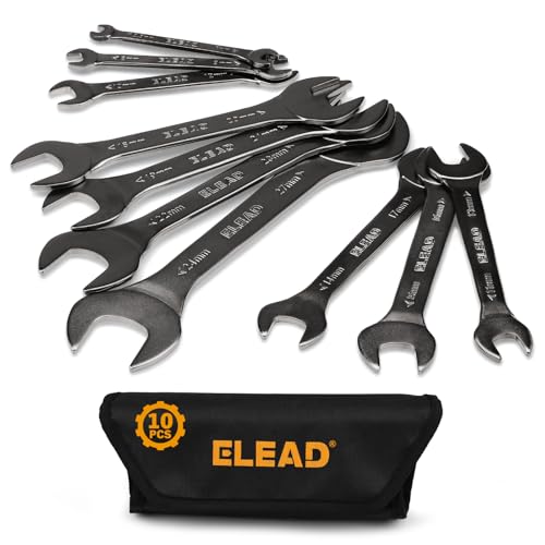 Image of ELEAD 10-Piece Super-Thin Open End Wrench Set, Metric 5.5-27mm, CR-V Nickel Plated, 3 mm Thickness for Tight Spaces, 5.5, 7, 8, 9, 10, 11, 12, 13, 14, 15, 16, 17, 18, 19, 20, 21, 22, 23, 24, 27mm