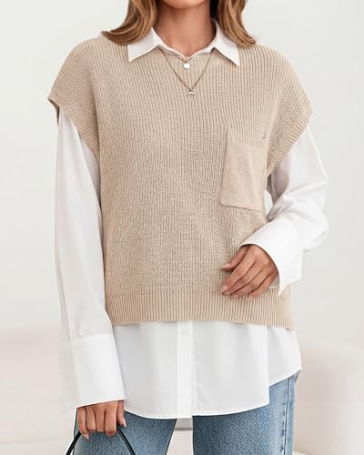 KIRUNDO Summer Fall Short Sleeve Sweater for Women 2026 Casual Sweater Vest Cotton Knit Pullover Tank Tops Fashion Clothing(Beige, X-Large) — view 5
