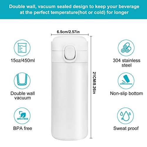 Image of YINJAM Insulated Travel Water Bottle Metal Coffee Cup Mug Stainless Steel Reusable Flask Tumbler for Men Women Gym Hiking Sports (White, 15 Oz)