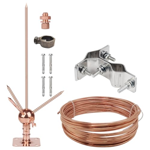 Copper Brass Lightning Rod System Kit with 60 Feet 6 AWG Down Conductor and UL Listed Rod Clamp for Pole Top House Tower Tank Roof Safety (1.7Ft)