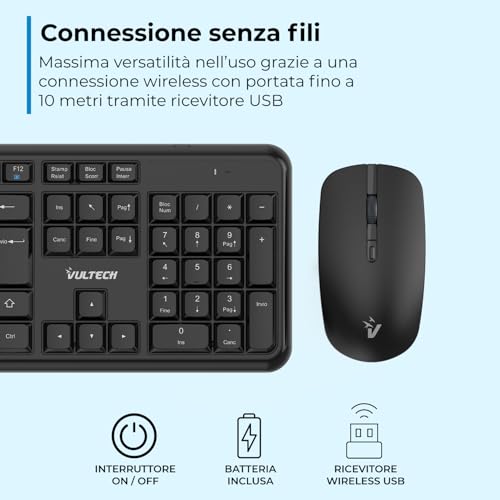 Vultech KM-811W Kit Tastiera E Mouse Wireless Con Clic Silenziosi, Layout Italiano Qwerty Compatta, Tastierino Numerico, 12 Tasti Multimediali, Protezione Liquidi,Pc/Mac/Linux - Nero - 11