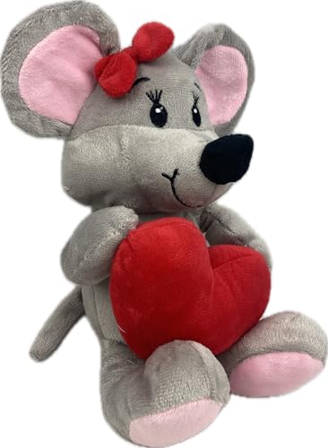 Mel-O-Design Ratón de peluche con corazón de 23 cm, color gris con corazón rojo "Te quiero", adorable peluche para San Valentín, cumpleaños y como regalo para niños y adultos
