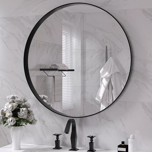 Hasipu Round Black Mirror 28 Inch Round Bathroom Mirror Metal Frame Wall Mounted Circle Vanity Mirror Modern Decor HorizontalVertical