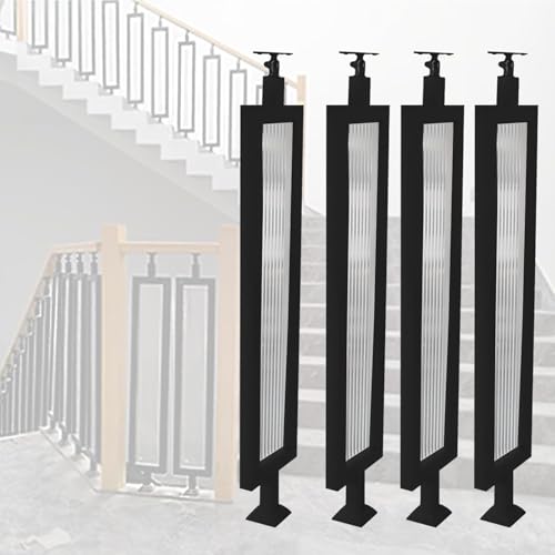 ShAzan Stair Railing Staircase Baluster Rectangular Deck Baluster Kits with Adjustable Bracket, Wrought Iron Tempered Glass Balustrades for Indoor & Outdoor decking(4 Packs)