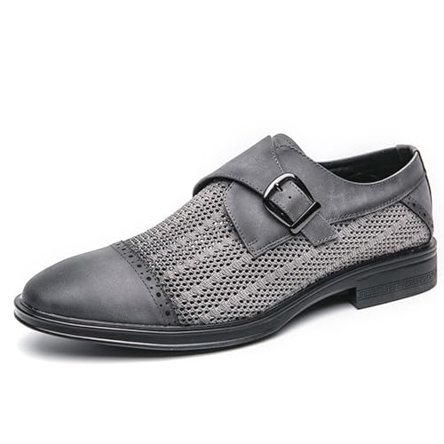 Men's Summer Buckle Dress Shoes Retro Pointed Leather Chunky Heel One-Step Driving Business Oxford Shoes Breathable Mesh Work Casual Sandals