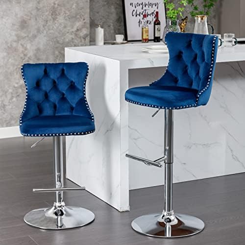 i-POOK Counter Height Bar Stools Set of 2, Swivel Barstools with High Back, Button Tufted and Nailheads Trim, Velvet Upholstered Bar Chairs for Home Bar Kitchen Island Cafe, Blue