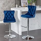 i-POOK Counter Height Bar Stools Set of 2, Swivel Barstools with High Back, Button Tufted and Nailheads Trim, Velvet Upholstered Bar Chairs for Home Bar Kitchen Island Cafe, Blue