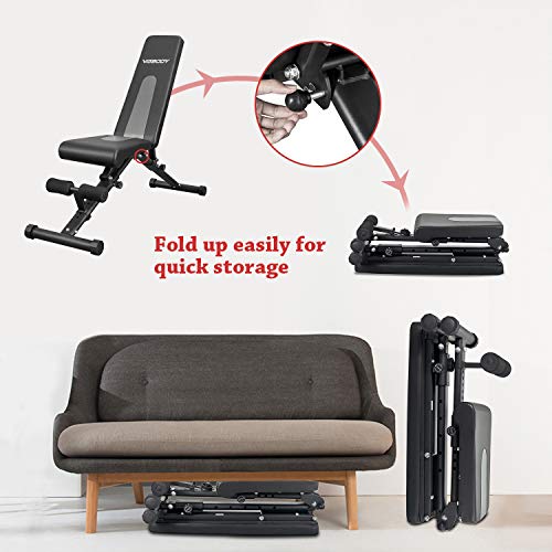 VIGBODY Adjustable Weight Bench , Utility Foldable Sit Up Bench Decline/Incline/Flat Bench for Home Gym Full Body workout