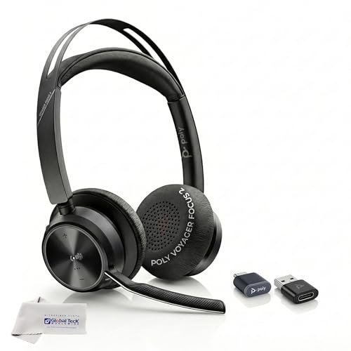 Image of Poly Plantronics Voyager Focus 2 MS, Stereo Bluetooth Headset, USB-C for Teams, Connects to Laptop and Smartphone - Works with Zoom, RingCentral, 8x8, Vonage - w /USB C /A Adapter and GTW Cloth