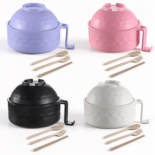 Image of MAQUITA 4 Sets Ramen Bowl with Lid, 33 oz Instant Noodle Bowl Microwave Safe Cooker Set - Wheat Straw PP Material with Handle, Spoon, Chopsticks & Fork (4 Elegant Colors)