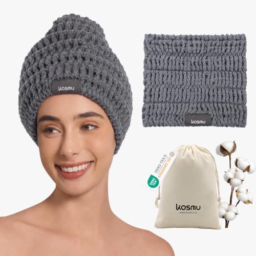 KOSMU Luxury Organic Japanese Cotton Waffle Spa Headband for Women | Adjustable Towel Headband with Magic Tape | Makeup, Face Washing, Facial, Cosmetic & Skincare, Gift for Her Self-Care (Smoke Grey)