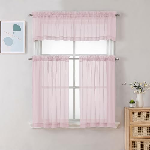 Image of Chyhomenyc Sheer Valances for Windows, Small Window Curtains for Living Room Bathroom Laundry Basement, Modern Dual Rod Pocket Voile Valance Curtain, 42W x 14L inches, 2 Pcs, Blush Pink