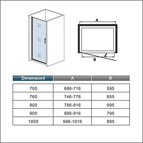 Aica 76x185cm Porta doccia per nicchia porta apertura a battente verso esterno vetro temperato trasparente anticalcare, 6mm Easyclean ESG Sicherheitsglas